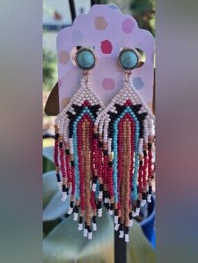 HUICHOL Glass Seed Bead & Turquoise POST dangle earrings 🕊 Handmade BOHO 🌿 PGD